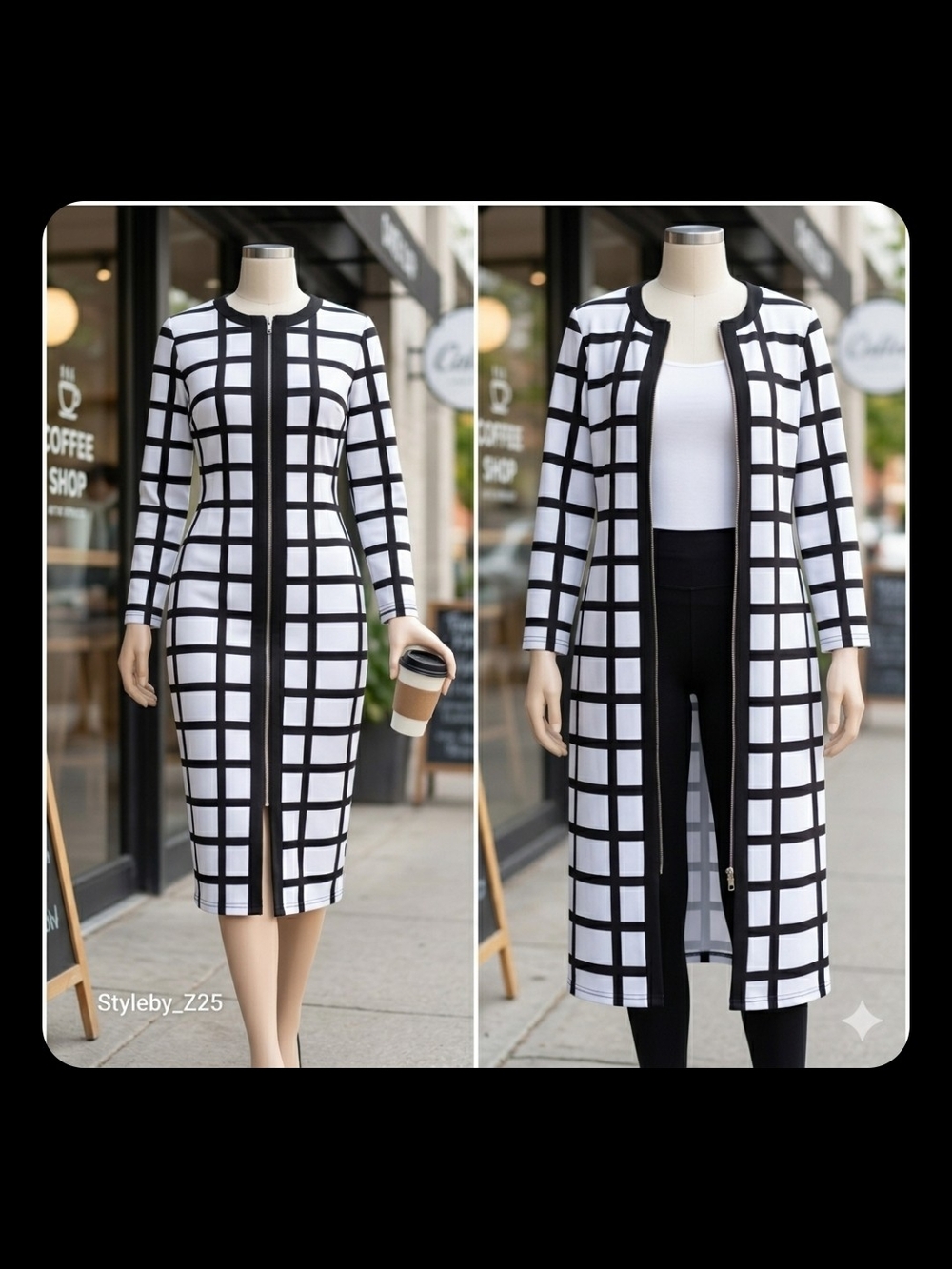 NEW Chic B&W Windowpane Midi Dress & Duster | Full Long Sleeves & Full Zipper